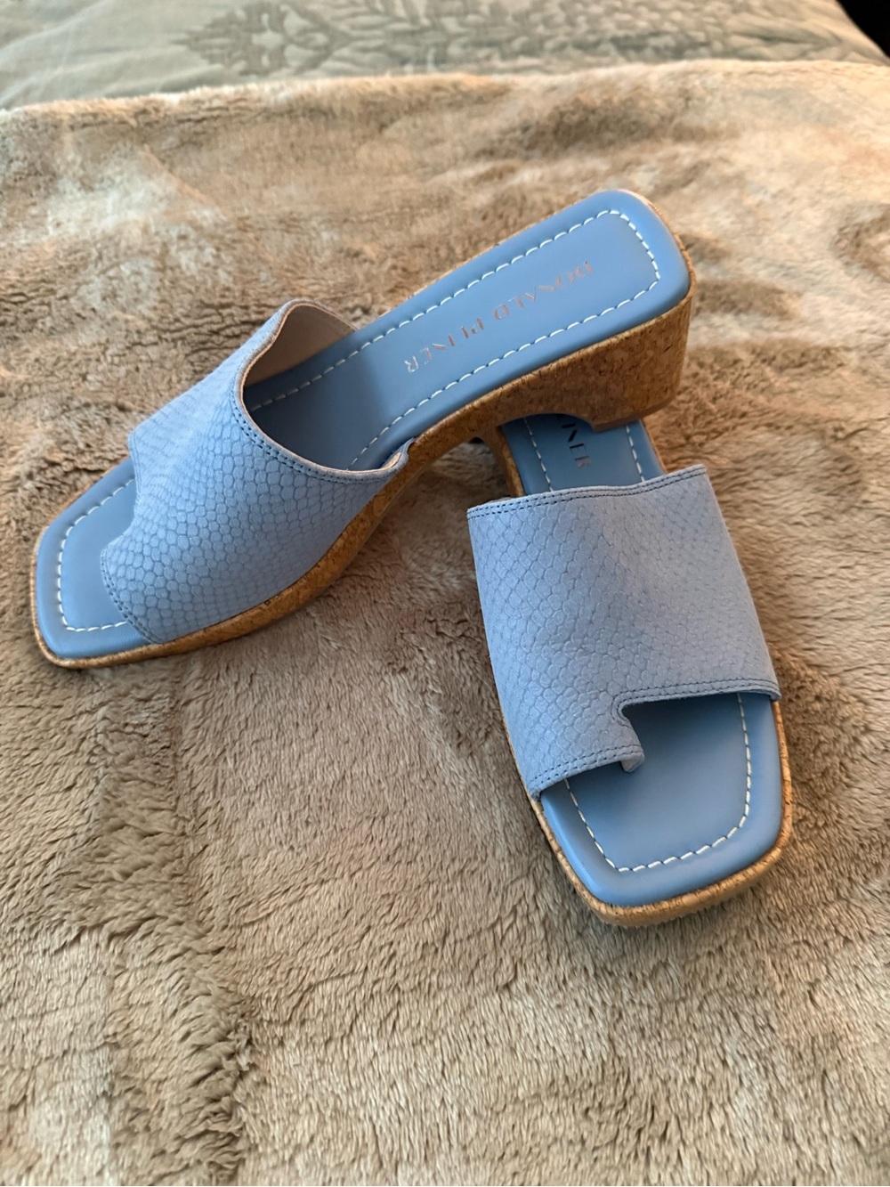 Donald J. Pliner Powder Blue Cork Block Heel Slide Mules